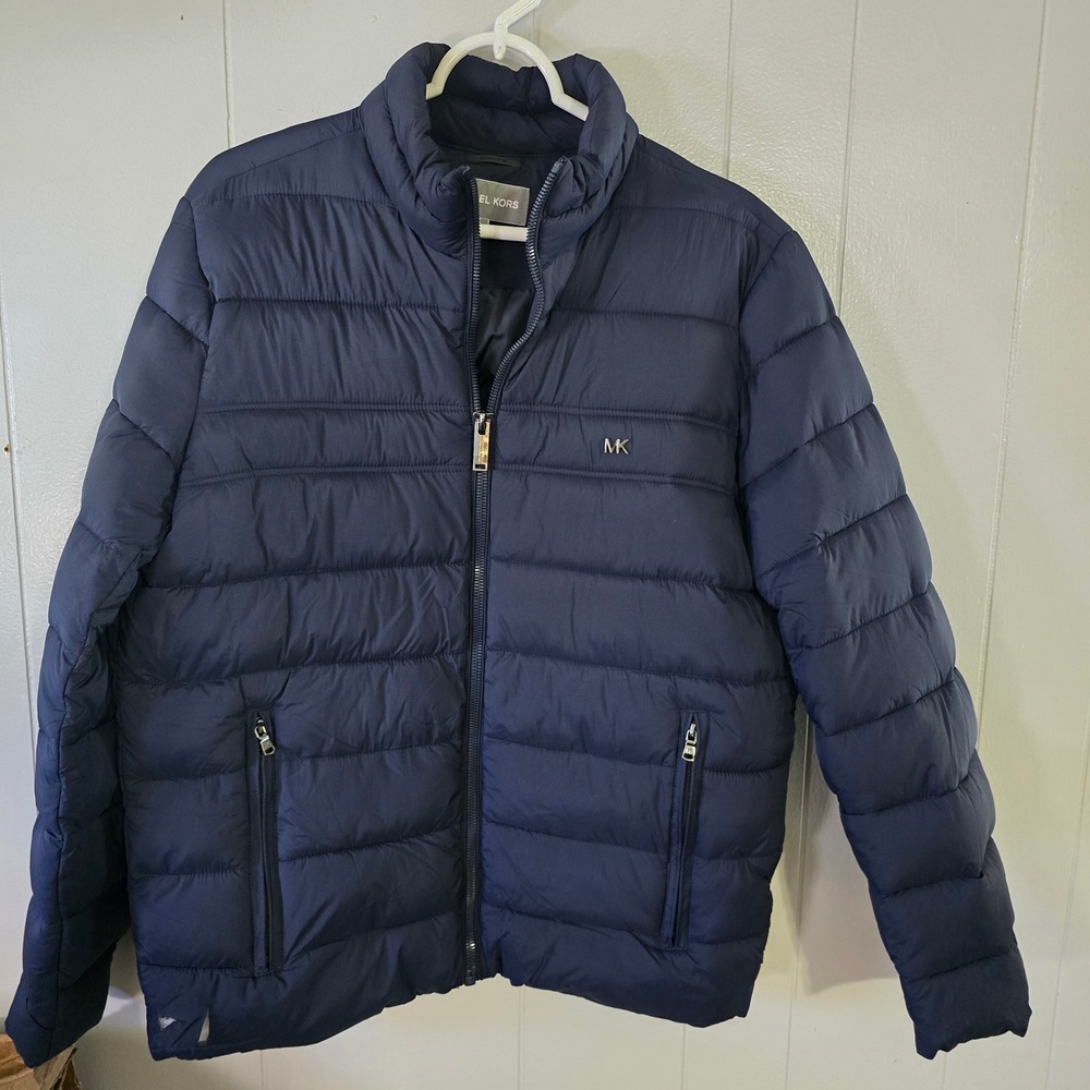 Michael Kors Puffer Jacket Mens Small‎ Navy Blue Quilted Full Zip MK Logo